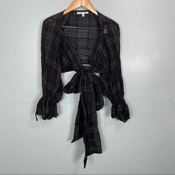 Shona Joy Finn Wrap Cropped Midi Set Plaid Black‎ Linen Blend Wrap Sz 2 - Picture 7 of 10